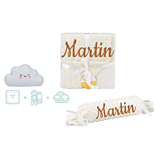 Set 3 pcs, Manta de bebé + Cojin antivuelco + Lampara LED, Personalizado con su Nombre Bordado, Manta para recién Nacidos.