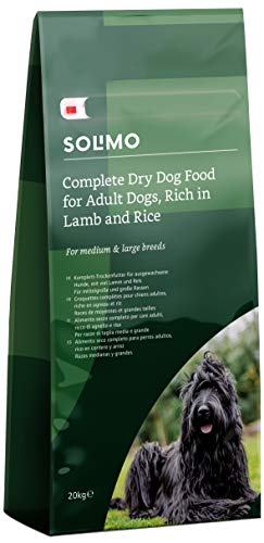 Marca Amazon - Solimo - Alimento seco completo para perro adulto rico en cordero y arroz, 20 kg (Paquete de 1)