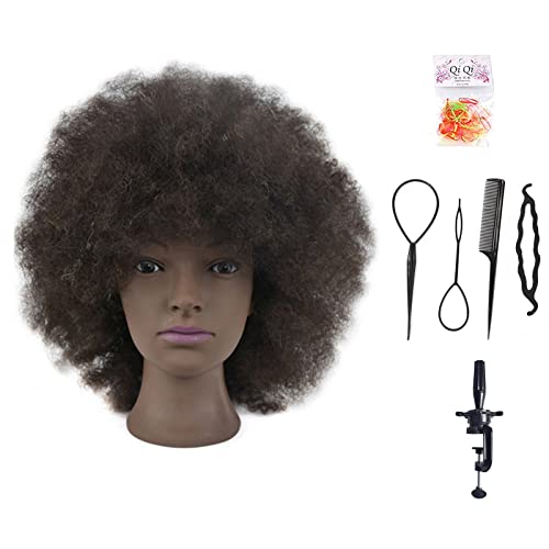 Cabeza de maniquín con pelo afro, pelo 100% humano, para aprendizaje de cosmetología y peluquería, cabeza de muñeca, abrazadera incluida (25,4 cm)