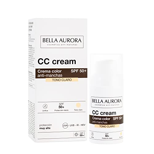 Bella Aurora Crema Facial con Color SPF 50+, 30 ml | CC Cream para Todo Tipo de Piel | Protector Solar Anti-Manchas | CC CREAM Tono Claro