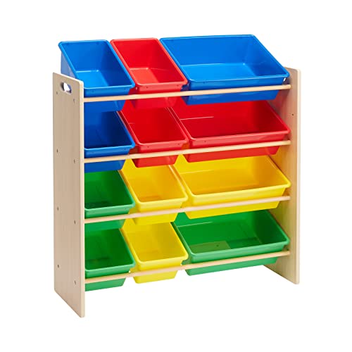 Amazon Basics - Organizador de juguetes con 12 compartimentos de plástico, Madera Natural Con Compartimentos Brillantes, 27.7 cm x 85.3 cm x 79 cm