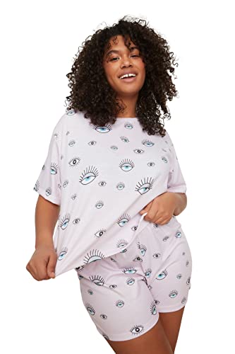 Trendyol Women Plain Knit T-Shirt-Short Plus Size Pajamas Set Pijama, Powder, 4XL para Mujer