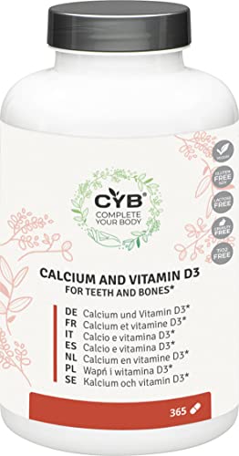 CYB | Calcio y Vitamina D Comprimidos - 365 Comprimidos Suministro para 1 Año - Suplemento Diario con Calcio - Vitamina D - Vitamina D3 - Producto Vegetariano sin Gluten ni Lactosa