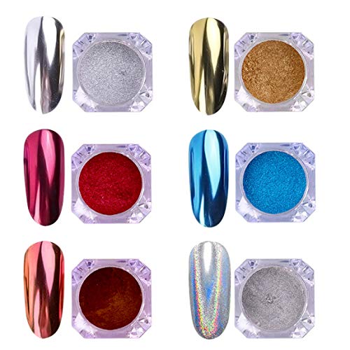 AIMEILI 6 Colores Polvos Acrílicos Para Uñas Efecto Espejo Arte de Uñas Cromo Pigmento Holográfica Manicura Decoración Chrome Láser Camaleón Uñas Nail Glitter Powder