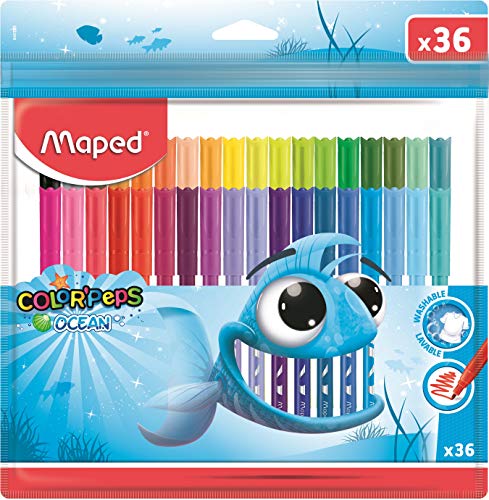Maped - Rotuladores de Colores para Niños - Color's Peps Ocean's - 36 Rotuladores con Punta Media - Tinta Lavable - Ideal para Dibujar y Colorear - Variedad de Colores