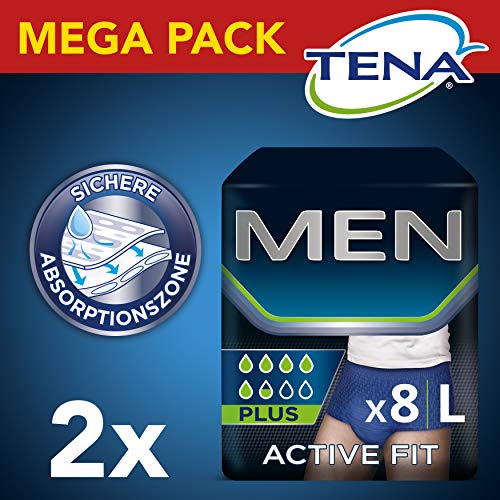 TENA Men Active Fit Pantalón de incontinencia para hombre, talla L, 2 paquetes de (2 x 8 unidades)