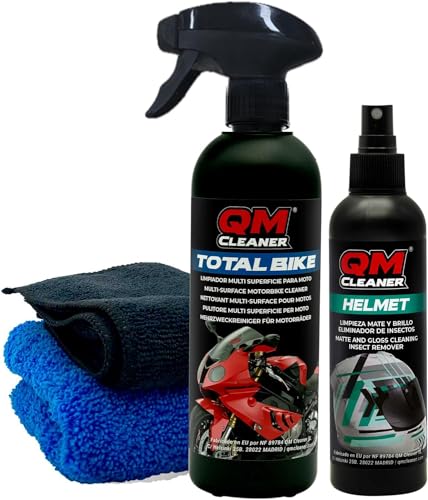 QM Cleaner – Kit de limpieza para Moto y Casco | Para Limpieza y Cuidado de la Moto y Casco - Limpiador en seco multisuperficie y eliminador de insectos para el casco. Incluye 2 paños