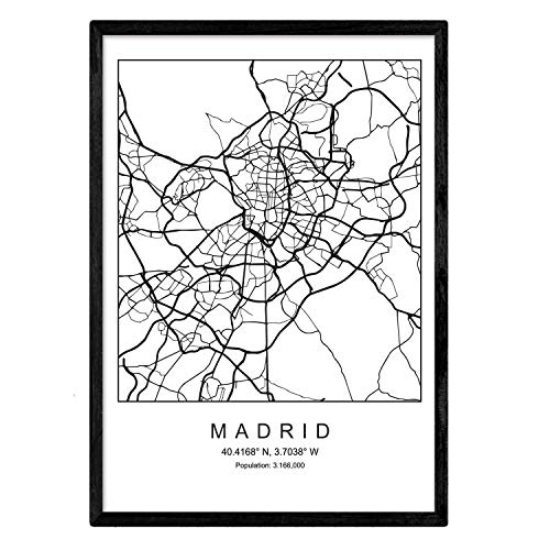 Lámina mapa de la ciudad Madrid estilo nordico en blanco y negro. Poster tamaño A4 Sin marco Impreso papel 250 gr. Cuadros, láminas y posters para salon y dormitorio
